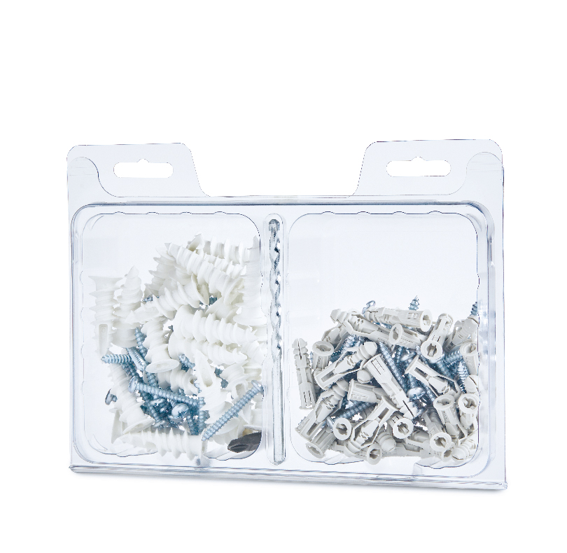 Packaged assortment of white wall anchors and blue-and-silver screws in two compartments