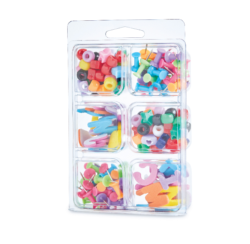 Clear organizer containing six compartments of colorful plastic beads and craft pieces
