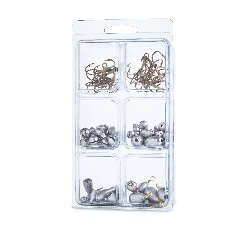 Clear six-compartment fishing tackle organizer holding assorted hooks, beads, swivels, and sinkers