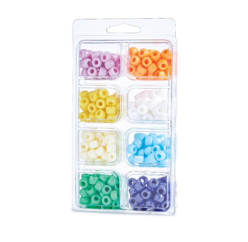 Pack of colorful plastic craft beads sorted into eight compartments