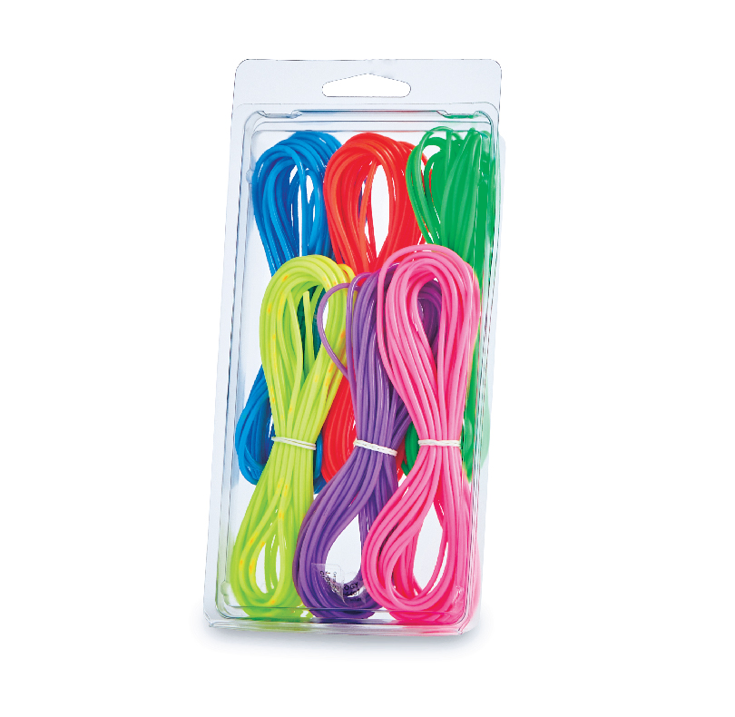 Package containing bundles of blue, red, green, yellow, purple, and pink cords