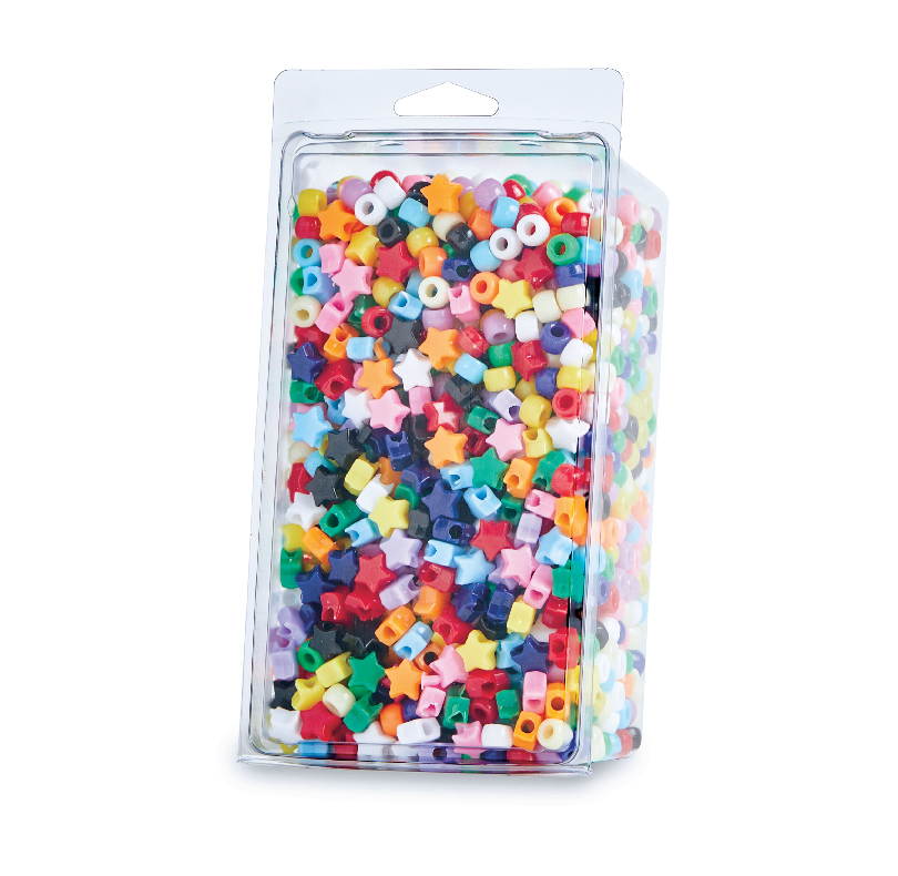 Clear package filled with colorful plastic beads in assorted shapes, including stars, flowers, and cylinders