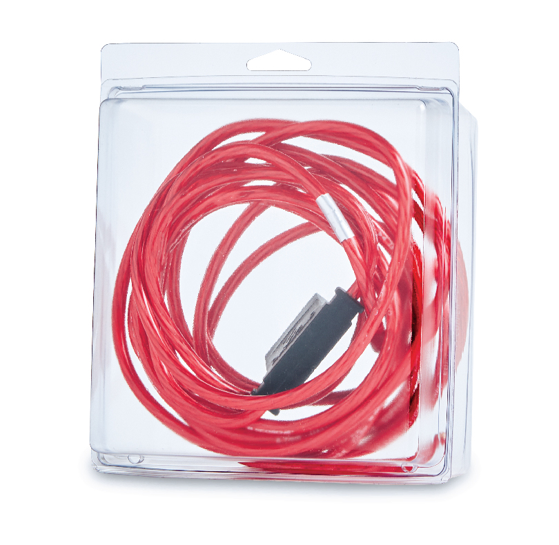 Coiled red cable in clear plastic packaging