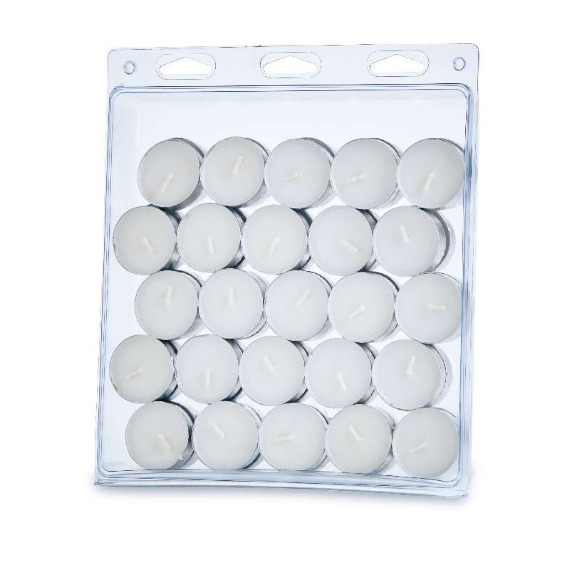 Package of 25 white tealight candles arranged in five rows