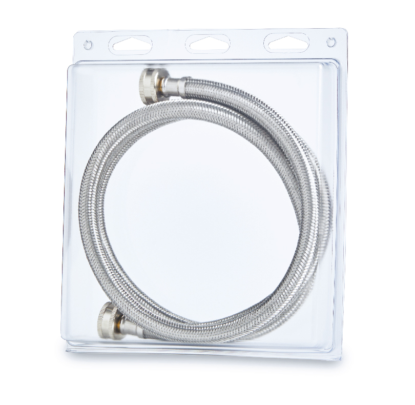 Braided stainless steel hose coiled in clear packaging