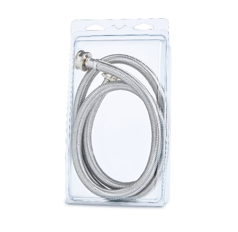Braided stainless steel hose in clear retail packaging