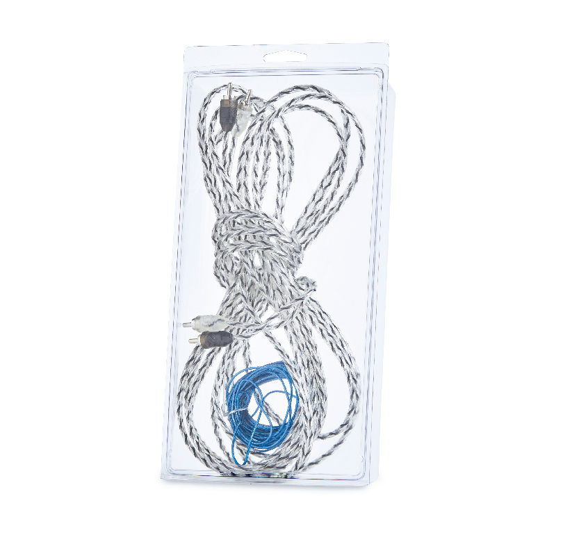 Packaged set of braided silver and blue cords with electrical connectors
