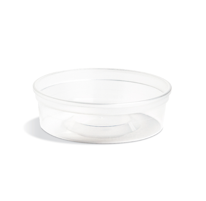 Clear round plastic container with a wide rim and shallow base