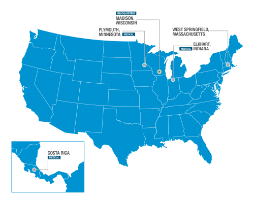 Map of the United States showing headquarters and medical facility locations, including Mayo Clinic in Rochester, Minnesota