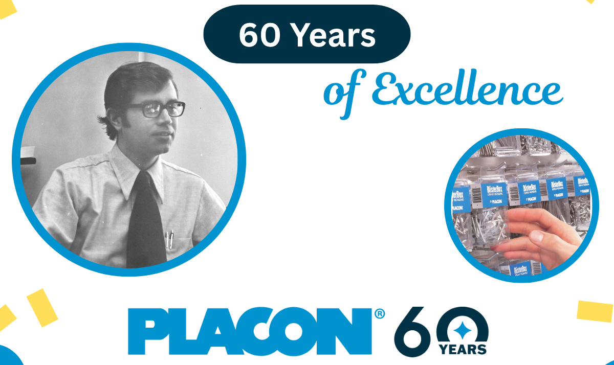 Placon 60 Years: “60 Years of Excellence,” with a historical portrait and packaged products