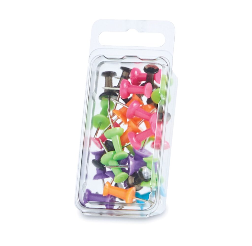 Clear package filled with colorful dumbbell-shaped push pins