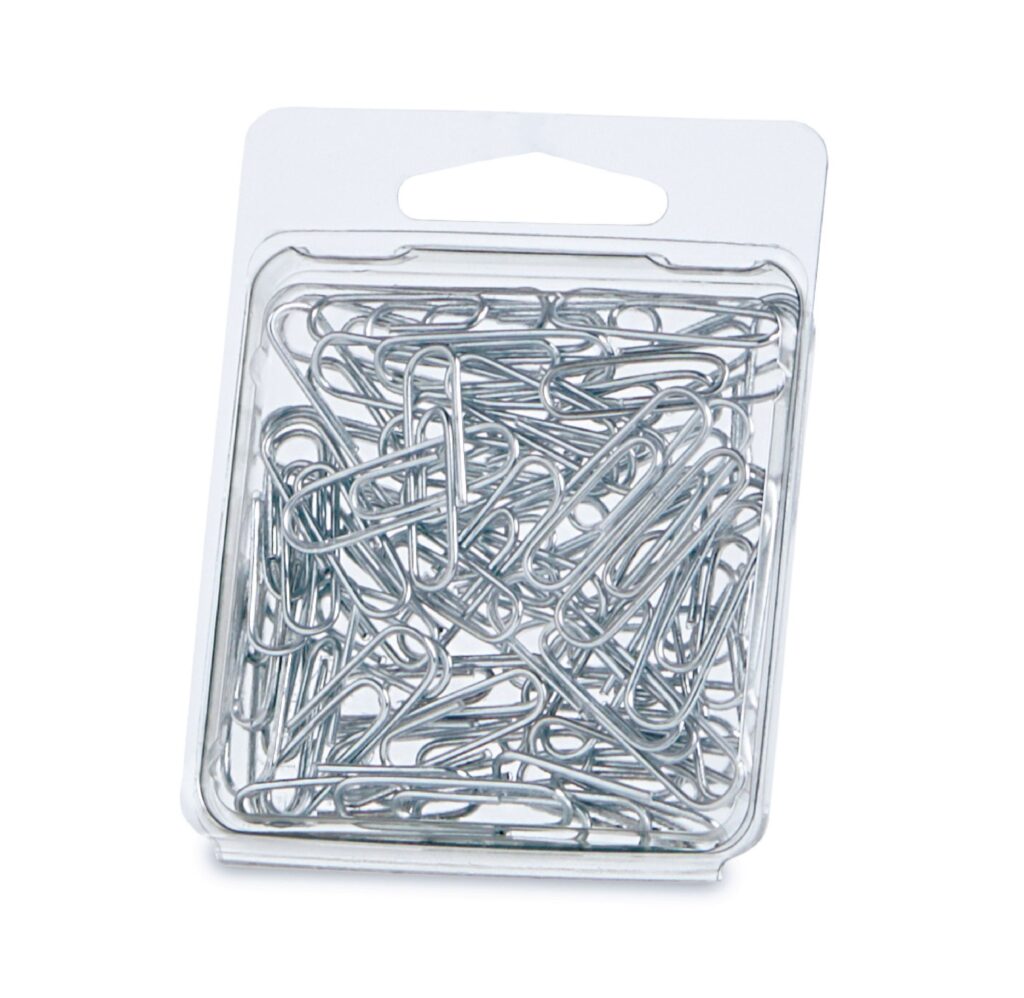 Clear box filled with silver paper clips