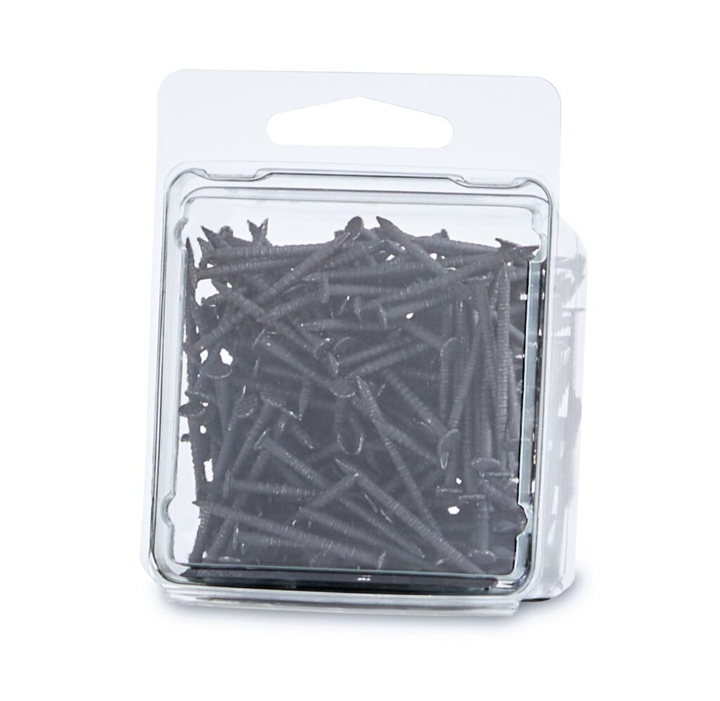Package of black cable ties in clear plastic packaging