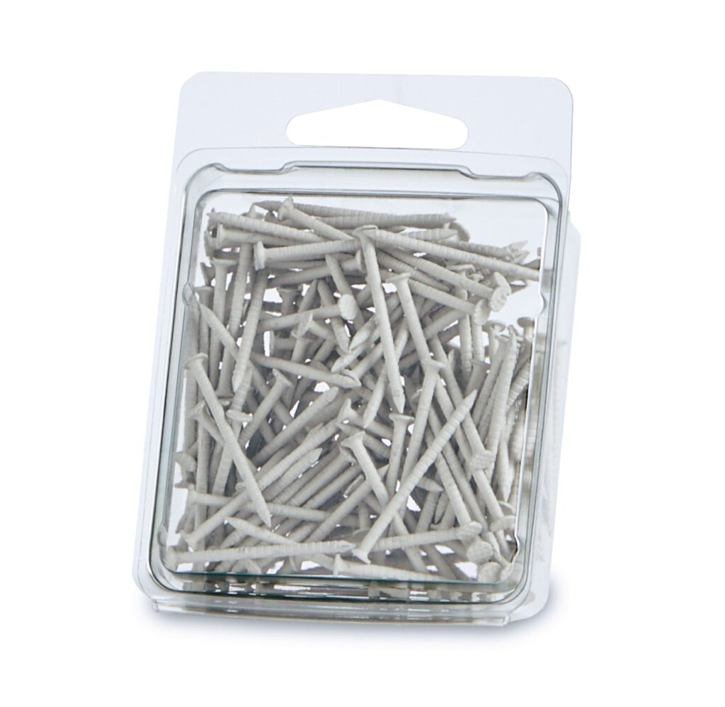 Clear package filled with metal nails