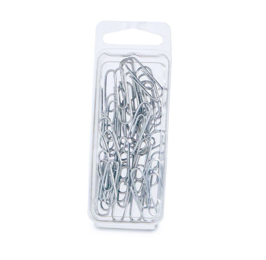 Clear box filled with silver paper clips