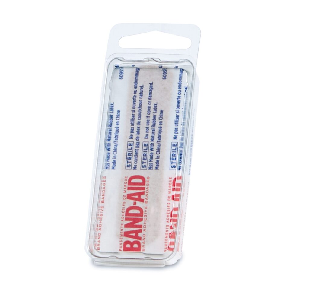 Package of sterile BAND-AID adhesive bandages in a clear plastic blister pack