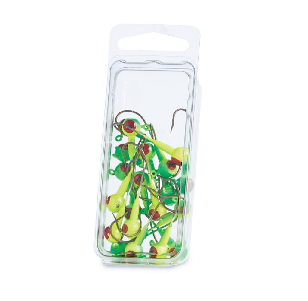Packaged green and yellow fishing lures with hooks in a clear plastic case