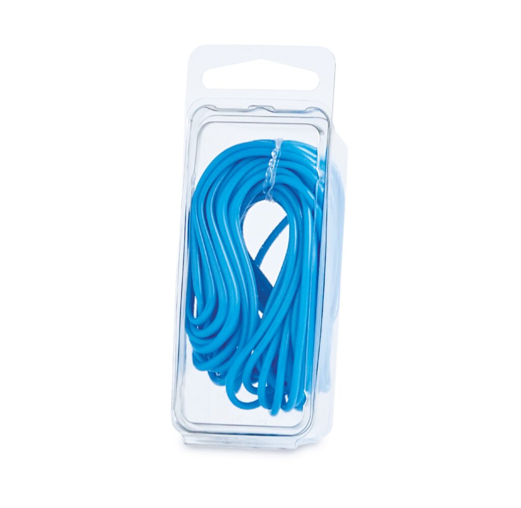 Blue coiled cable in clear plastic packaging