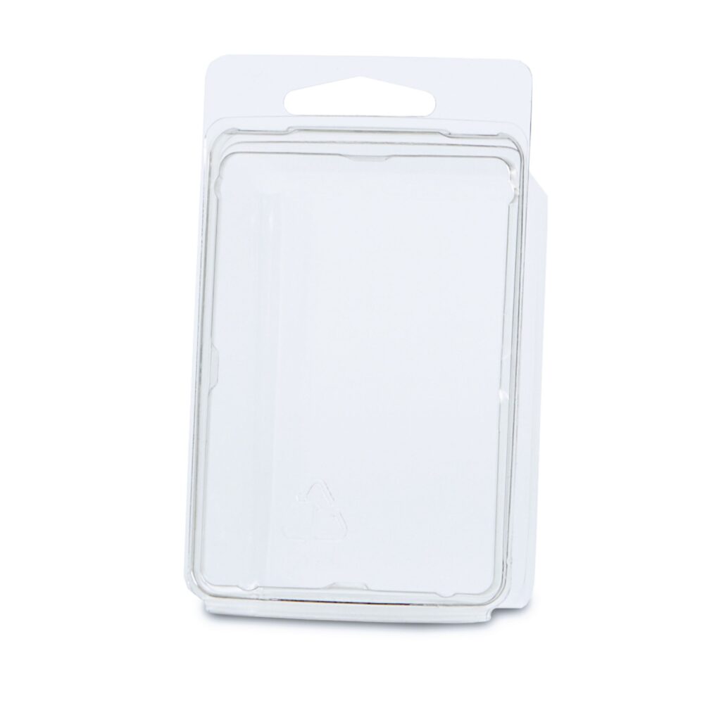 Empty clear plastic blister package with a cardboard backing and recycling symbol
