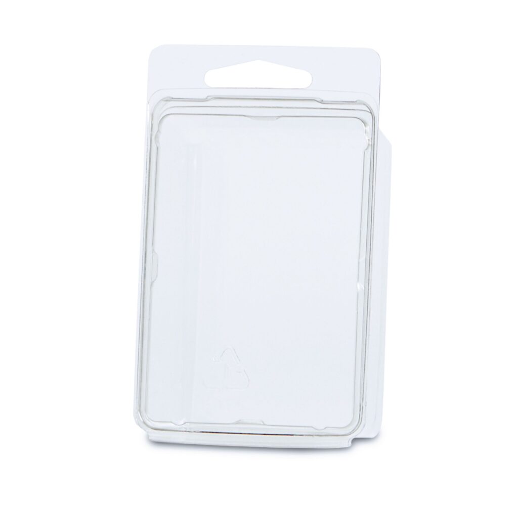 Empty clear plastic blister package with a white cardboard backing and hang tab