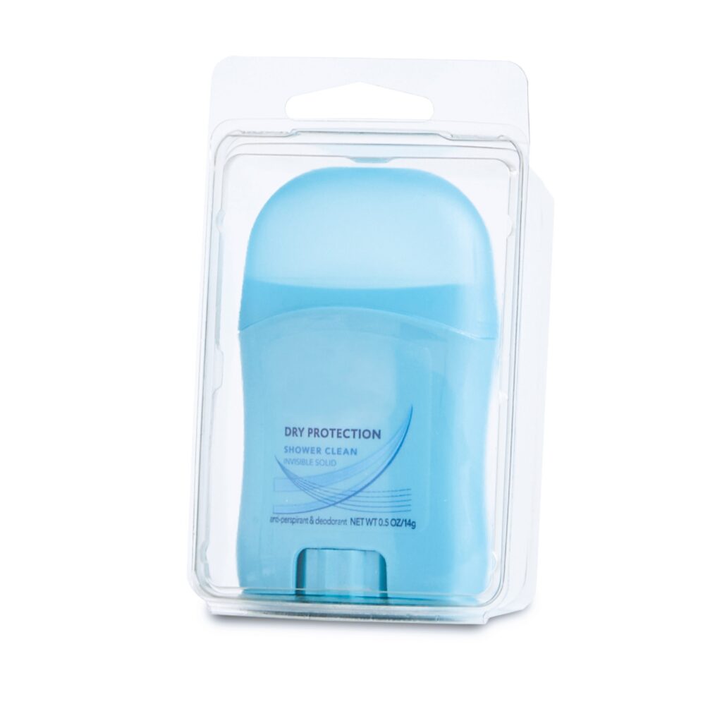 Blue solid antiperspirant and deodorant labeled “Dry Protection,” “Shower Clean,” and “Invisible Solid,” 0.5 oz/14g