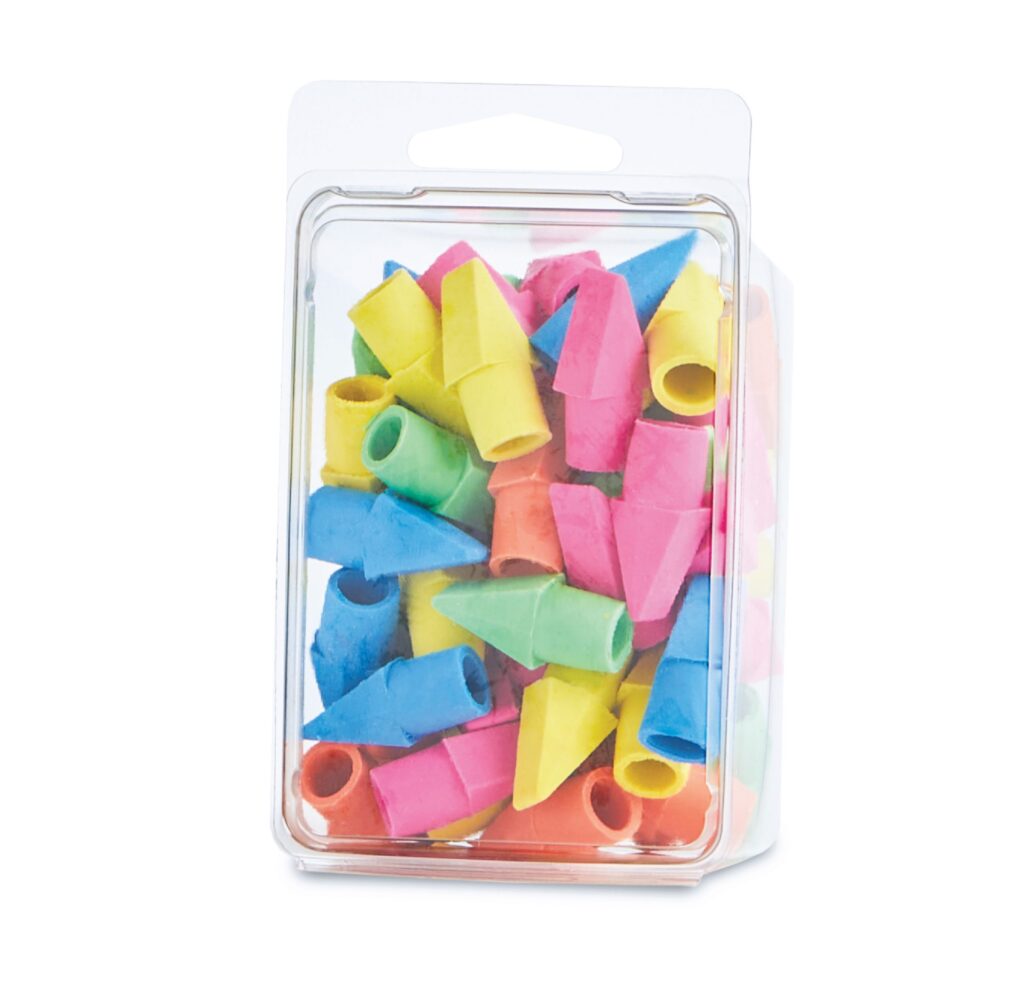 Container of colorful foam craft pieces in pink, yellow, blue, green, and orange