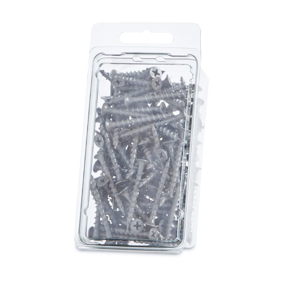 Assortment of black Phillips-head screws in clear retail packaging