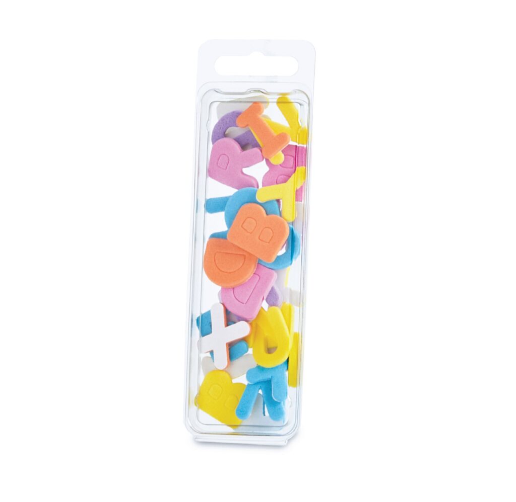 Assorted colorful foam alphabet letters in a clear plastic case