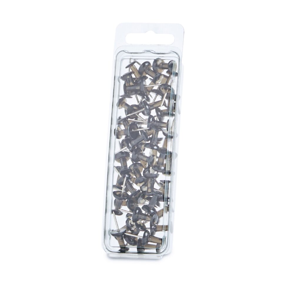 Package of assorted small nails with dark round heads and wood-colored shafts