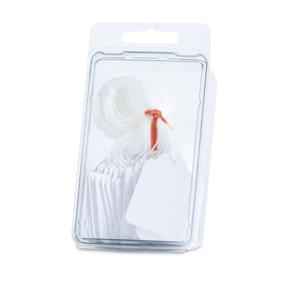 White feather accessory with an orange-red handle in clear plastic packaging