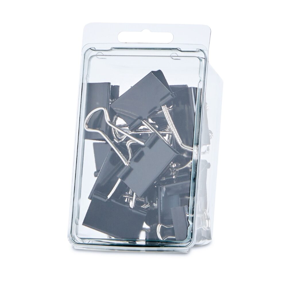 Pack of black binder clips in clear plastic packaging