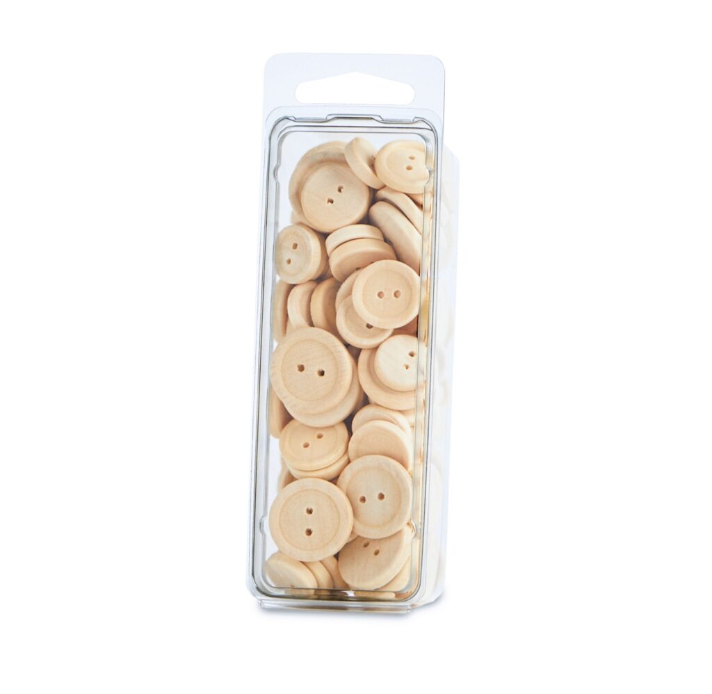 Clear package filled with assorted natural wooden buttons