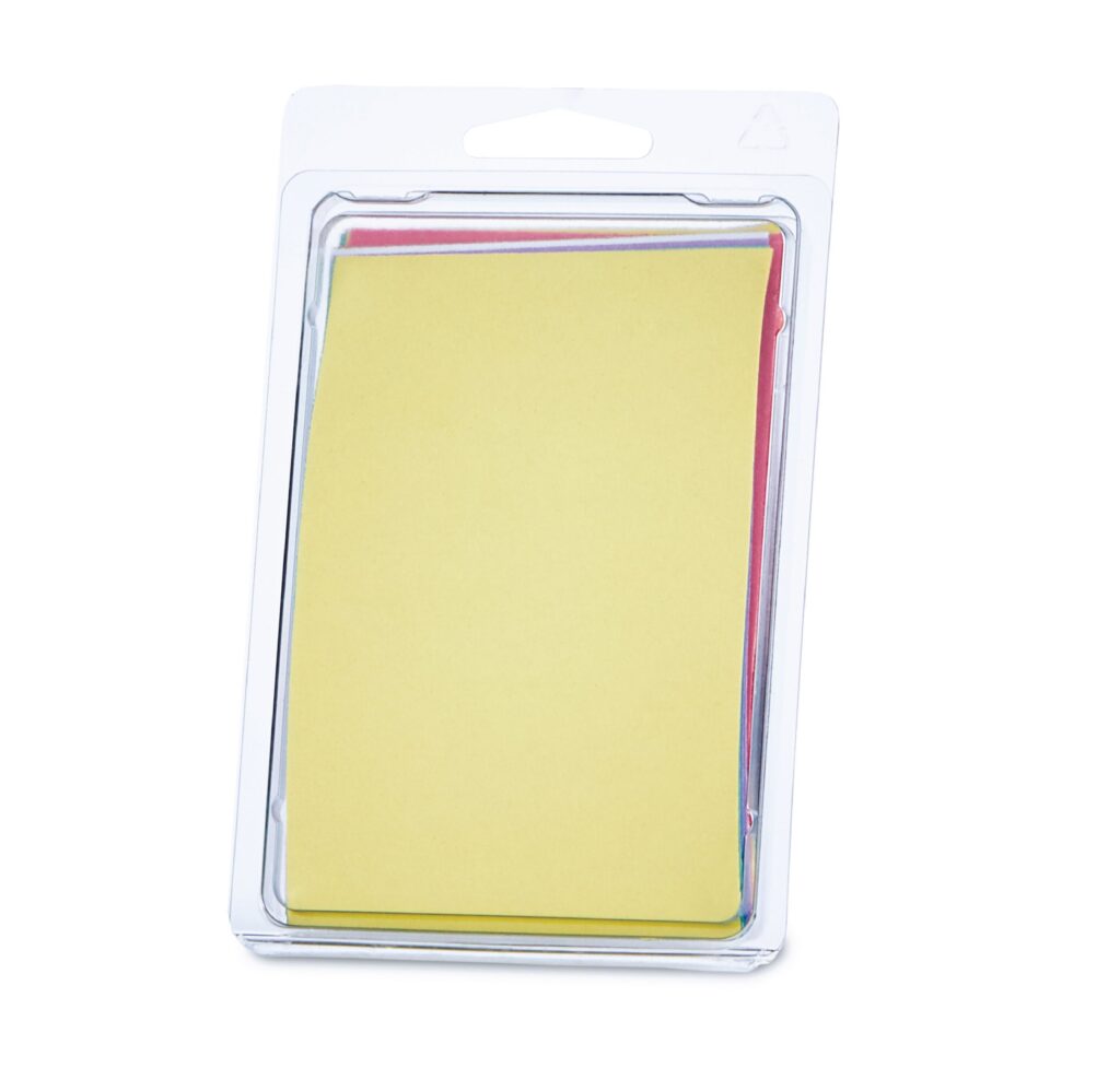 Pack of multicolored square sticky notes in clear plastic packaging