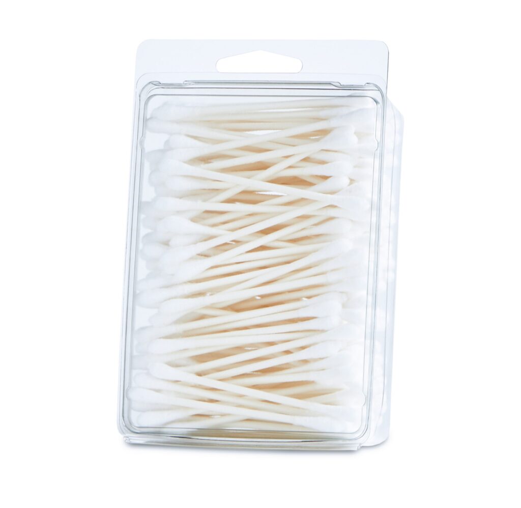 Package of white cotton swabs in a clear plastic container