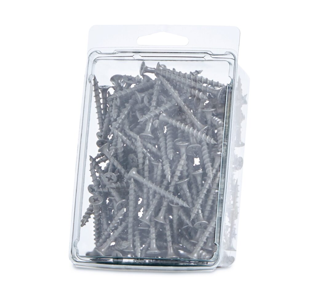 Clear package filled with assorted gray screws