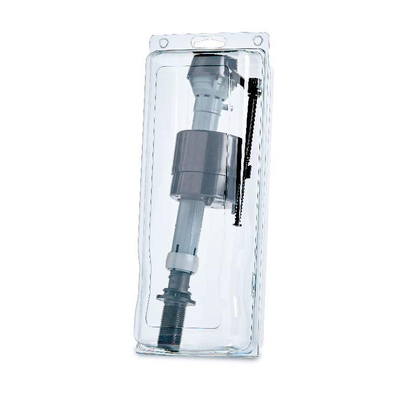 Plumbing replacement part with a gray cylindrical valve and black rod in clear blister packaging