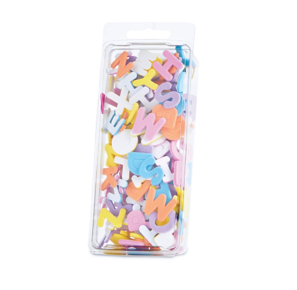 Container of colorful foam alphabet letters