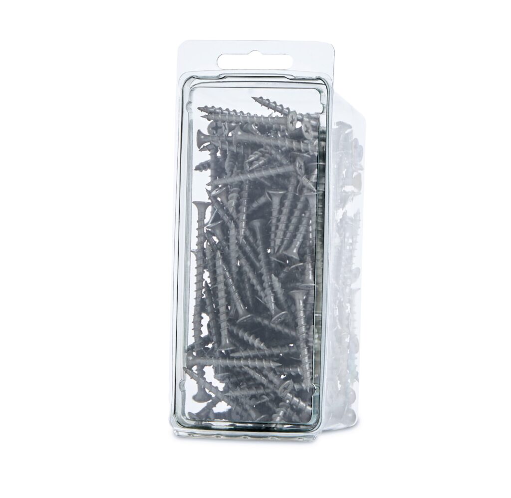 Packaged assortment of dark gray Phillips-head screws in a clear plastic case