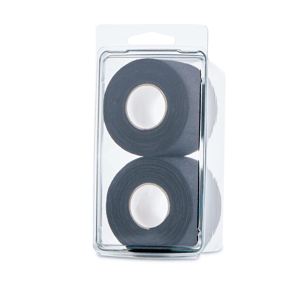 Two black rolls of tape in clear plastic packaging