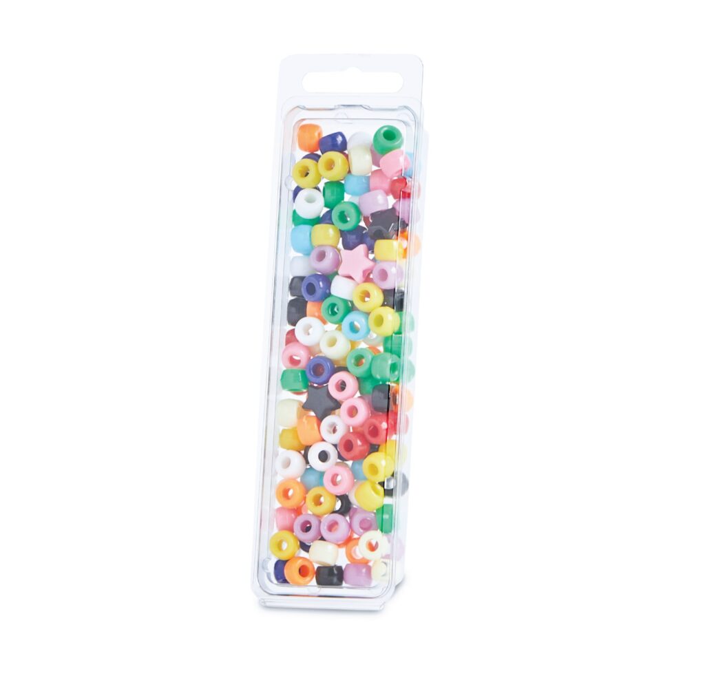 Package of assorted colorful plastic beads, including round and star-shaped beads