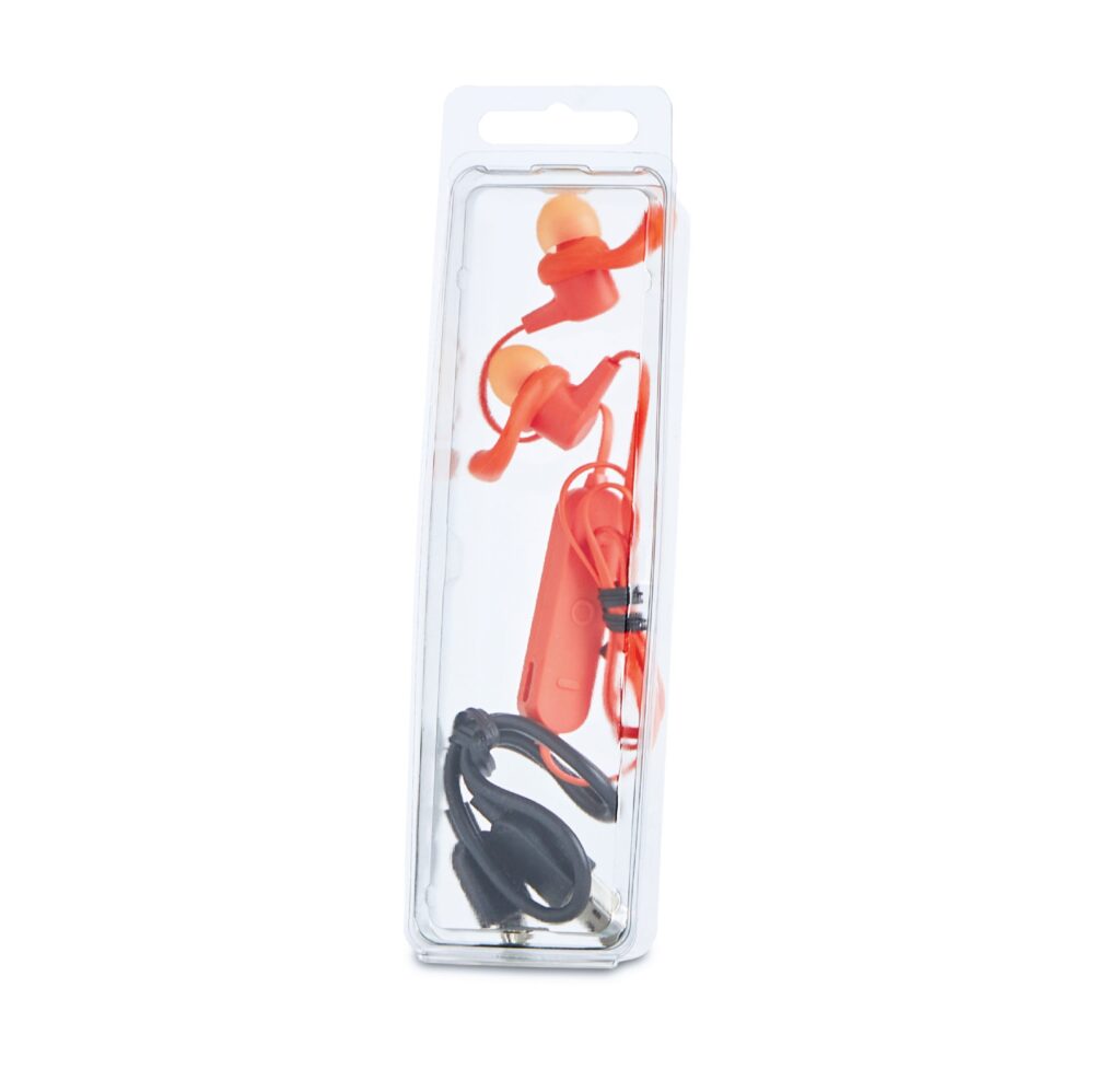 Red in-ear headphones with a black cable in clear plastic packaging