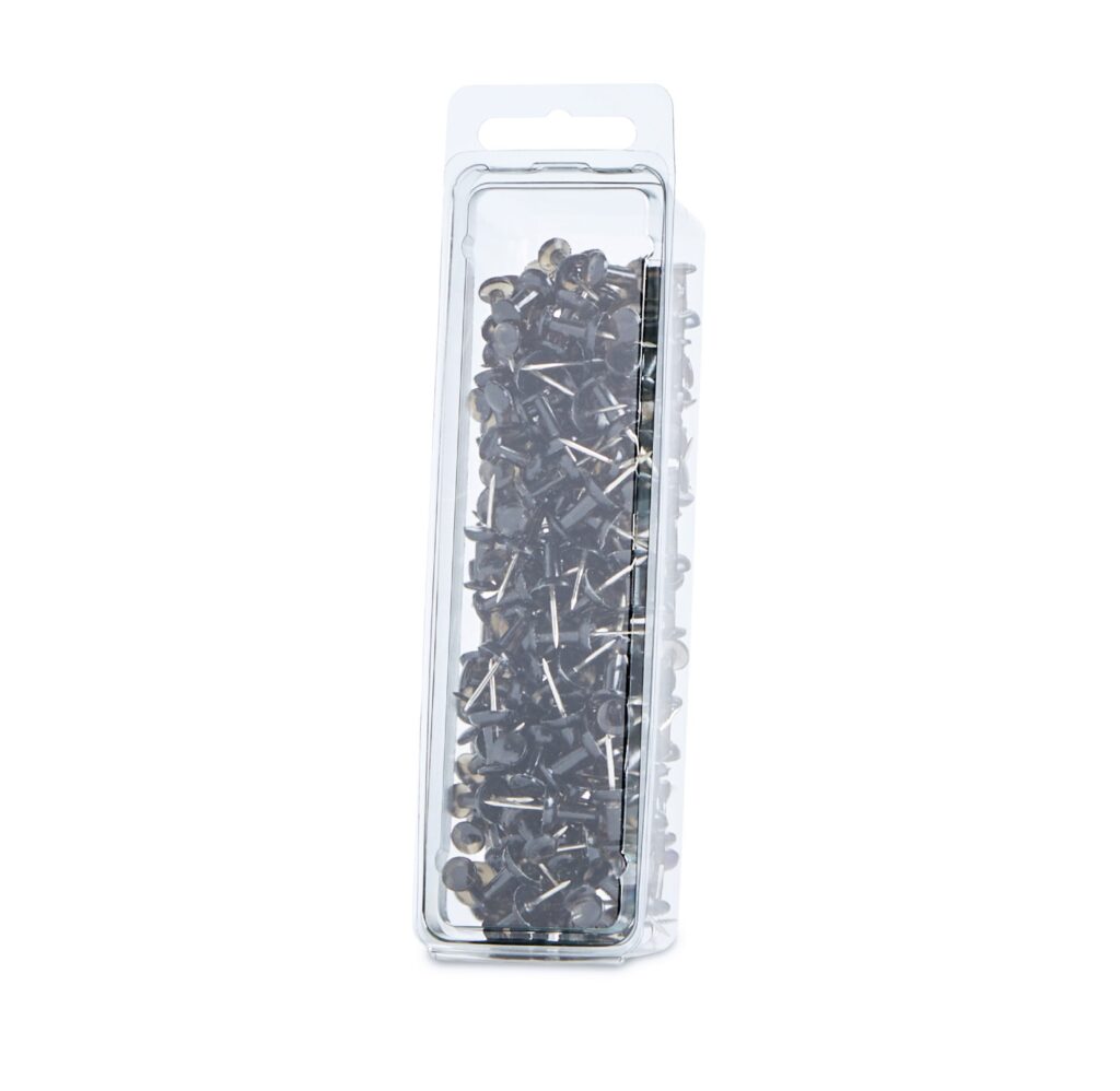 Pack of black push pins in clear plastic packaging
