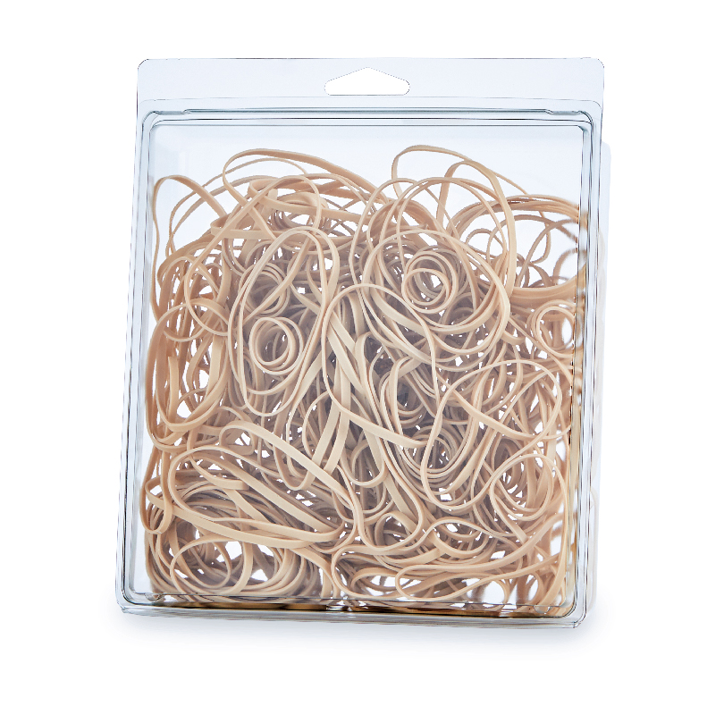 Clear container filled with tan rubber bands