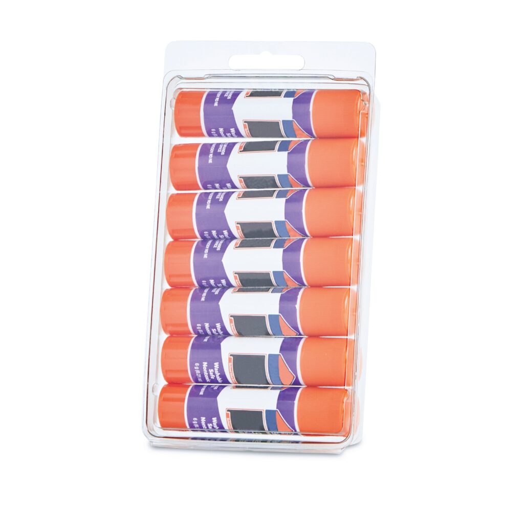 Package of eight orange washable, nontoxic glue sticks
