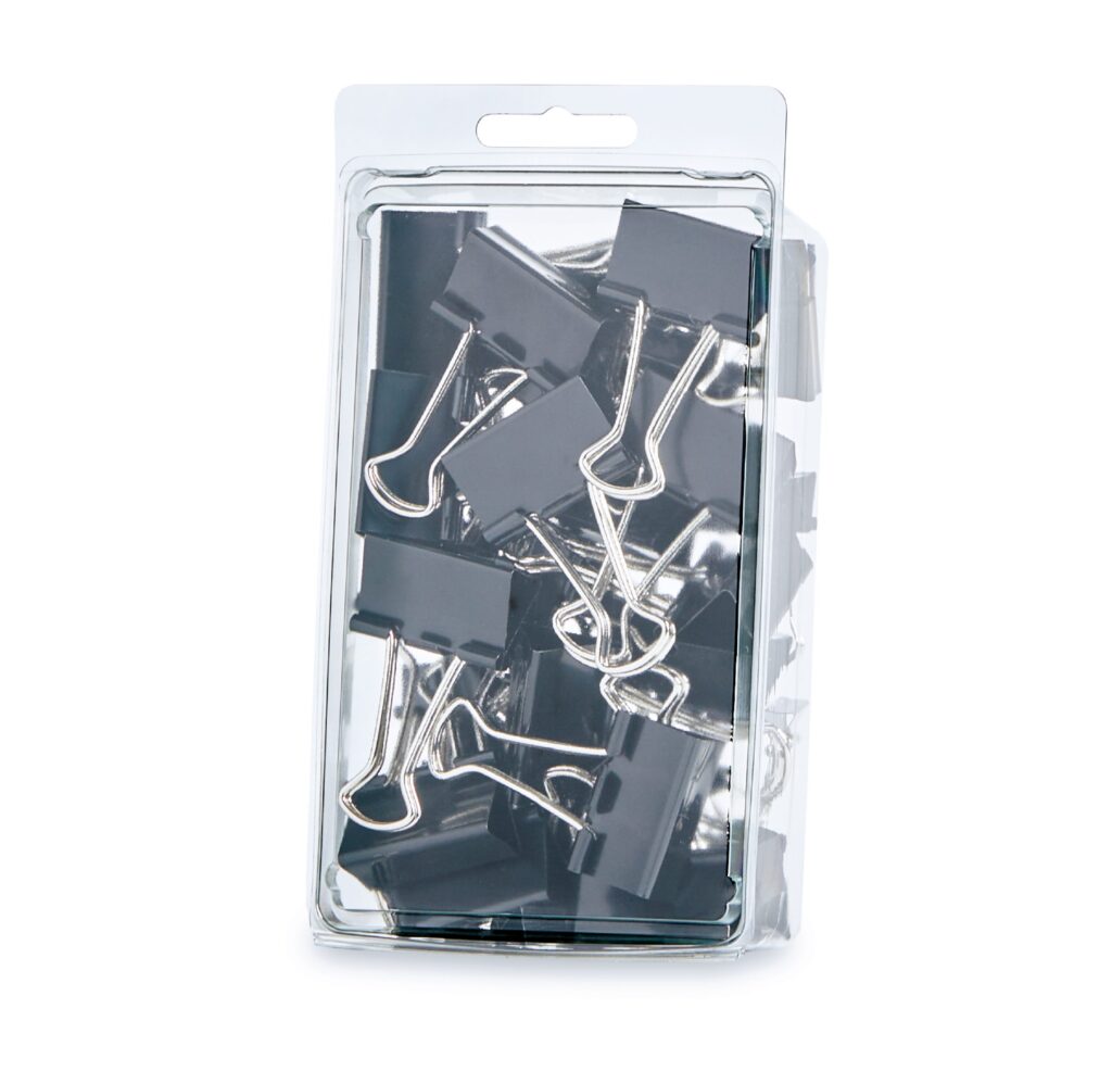 Packaged black binder clips in a clear plastic case