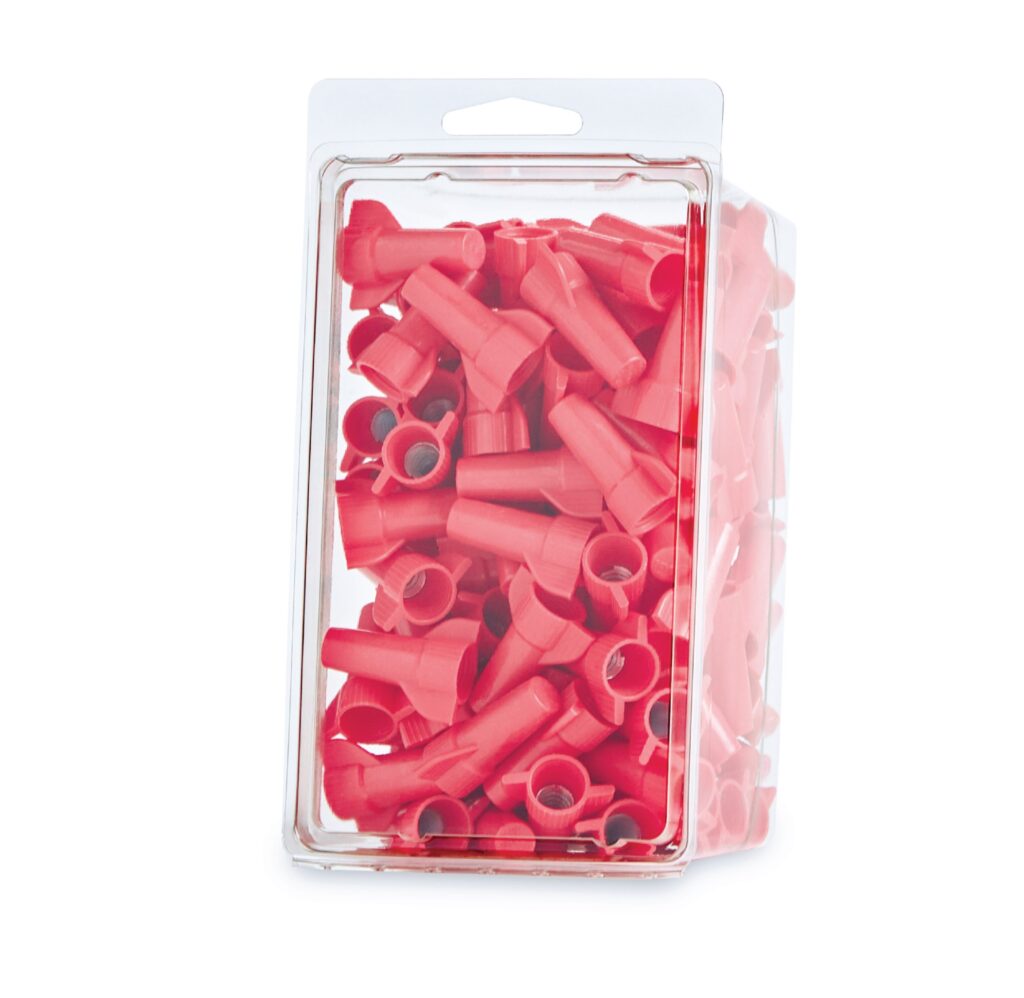Package of assorted red plastic tube connectors and fittings