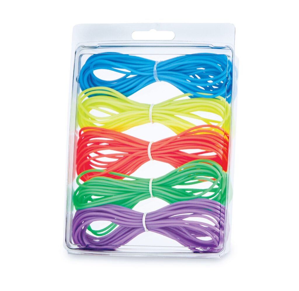 Package of multicolored craft cords in blue, yellow, red, green, and purple
