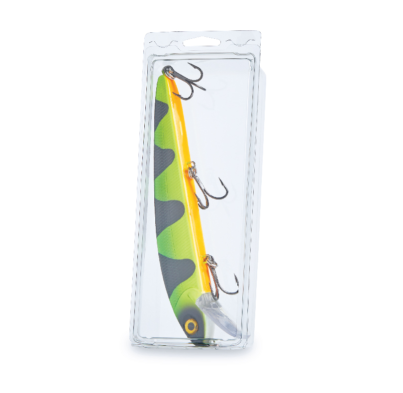 Green and yellow fishing lure with three treble hooks in clear packaging
