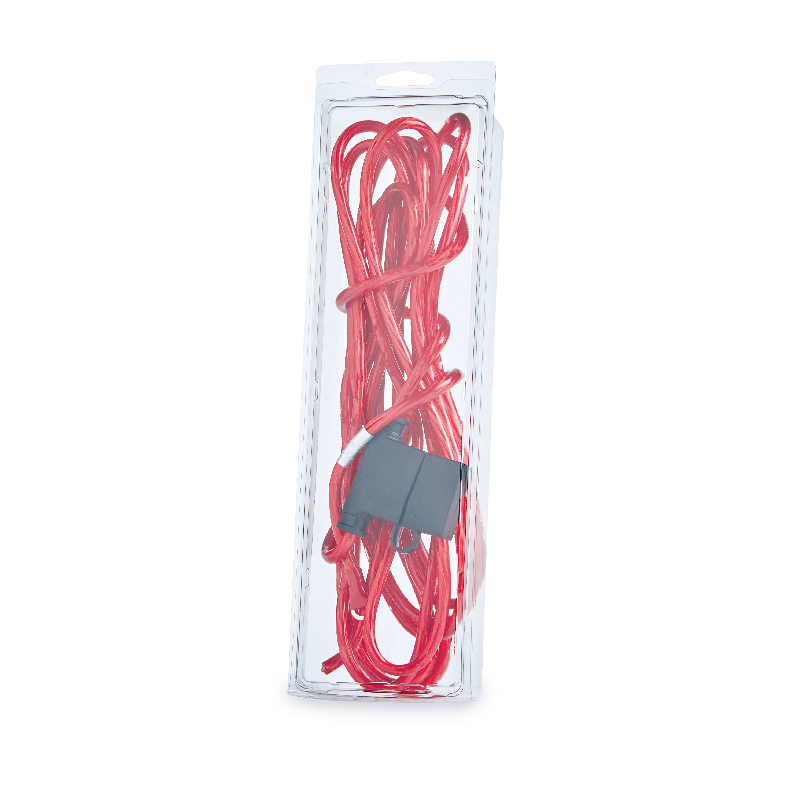 Red resistance exercise band with a black handle in clear plastic packaging