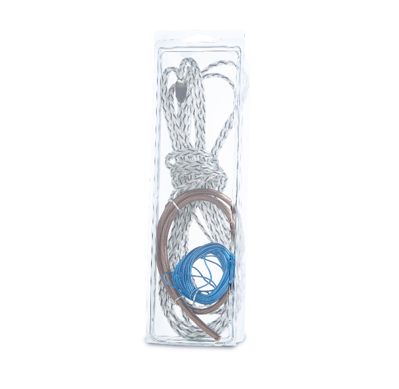 Clear package containing coiled silver, brown, and blue cords